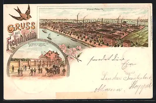 Lithographie Frankfurt-Fechenheim, Restaurant v. Heinr. Klein, Chem. Fabrik