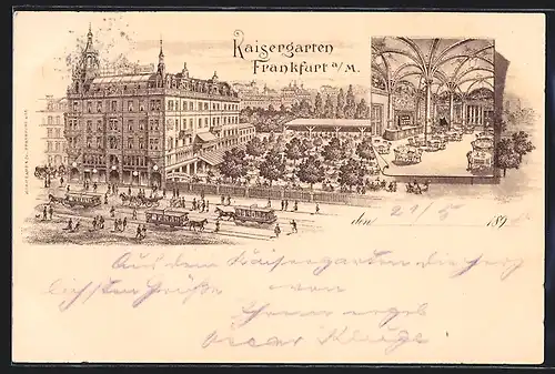 Lithographie Frankfurt a. M., Strassenbahnen vor Restaurant Kaisergarten