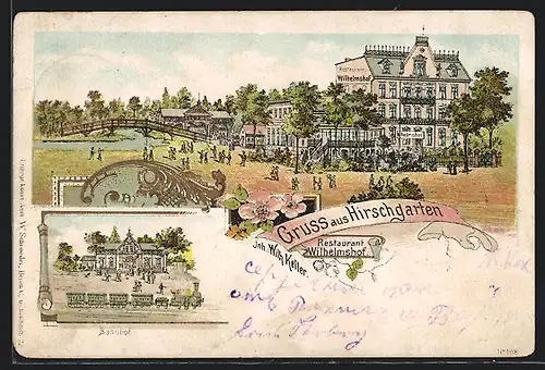 Lithographie Berlin-Kreuzberg, Hirschgarten, Am Restaurant Wilhelmshof, Bahnhof