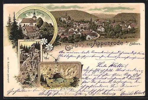 Lithographie Appenrode / Südharz, Ortsansicht mit Kirche u. Schule, Steinthal und Kelle