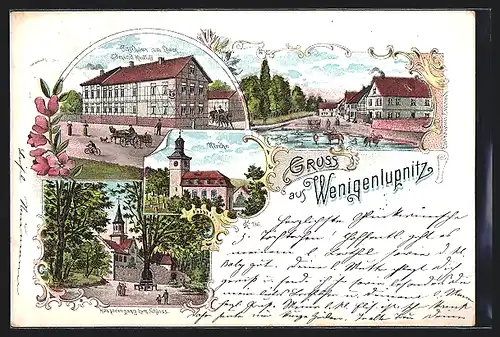 Lithographie Wenigenlupnitz, Gasthaus zum Löwen, Kirche, Haupteingang zu Schloss