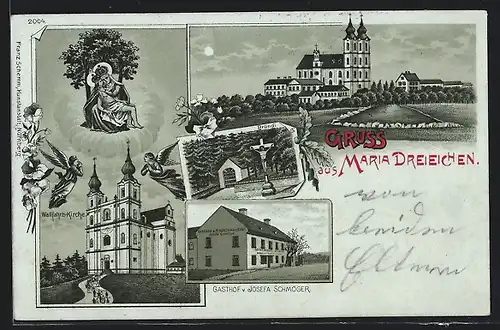 Mondschein-Lithographie Maria Dreieichen, Gasthof v. Josefa Schmöger, Wallfahrts-Kirche, Bründl