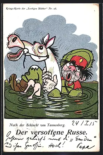 Künstler-AK Walter Trier: Nach der Schlacht von Tannenberg, der versoffene Russe