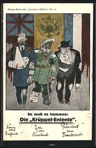 Künstler-AK Walter Trier: König von England, Zar von Russland und Präsident von Frankreich als Krüppel-Entente