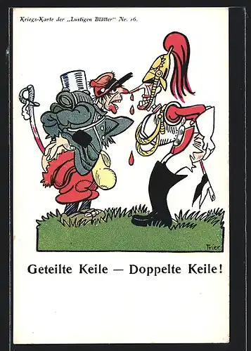 Künstler-AK Walter Trier: Geteilte Keile - Doppelte Keile!, Propaganda 1. Weltkrieg