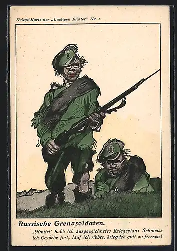 Künstler-AK Walter Trier: Russ. Grenzsoldaten, Dimitri habb ich ausgezeichnetes Kriegsplan: Schmeiss ich Gewehr fort ..