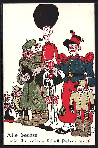 Künstler-AK Walter Trier: Alle Sechse seid ihr keinen Schuss Pulver wert!, Deutsche Feinde