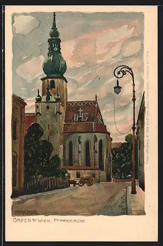 Künstler-AK Raoul Frank: Baden b. Wien, Strassenpartie mit Pfarrkirche