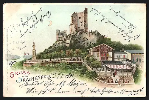 Lithographie Drachenfels, Ansicht der Burgruine mit leuchtendem Mond, Halt gegen das Licht