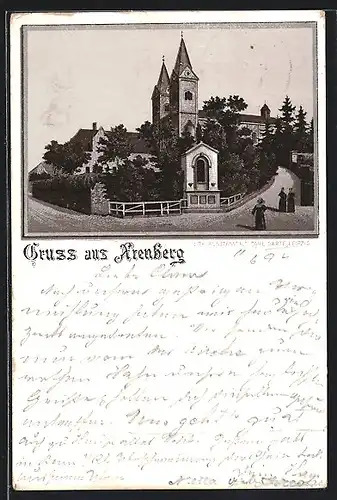 Vorläufer-Lithographie Arenberg, 1894, Strassenpartie mit Aufgang zur Kirche