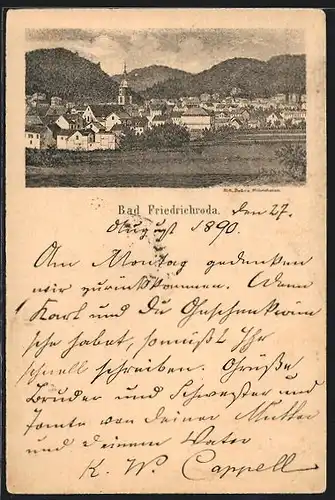 Vorläufer-Lithographie Bad Friedrichroda, 1890, Ortsansicht mit Kirche