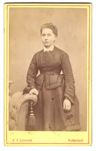 Fotografie C. F. Schmidt, Halberstadt, Schmiede-Str. 31, Attraktive Frau mit Ohrringen und ausladenden Kleid