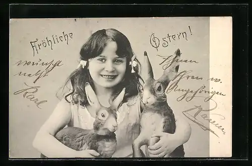 AK Mädchen mit zwei Osterhasen, Fröhliche Ostern