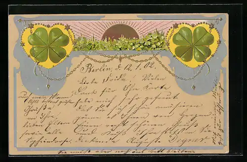 AK Kleeblätter an einer goldenen Kette, Aufgehende Sonne