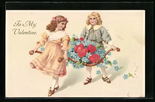 AK Mädchen und Junge tragen eine Sänfte mit Blumen und Herzen, Valentinstag