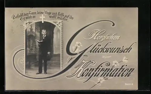 AK Junger Konfirmant mit Kommunionsbuch, Herzlichen Glückwunsch zur Konfirmation