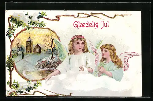 AK Neujahrsengel und verschneite Kirche, Neujahrsgrüsse