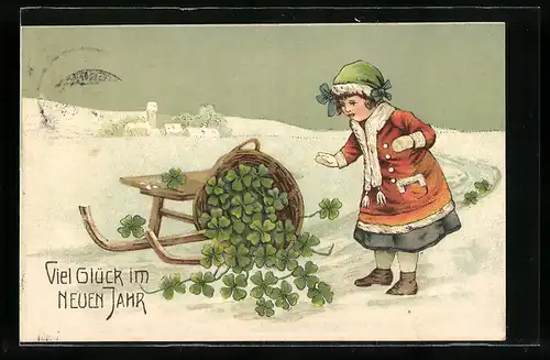 Künstler-AK Kleeblätter im Korb am Schlitten im Schnee, Neujahresgrüsse
