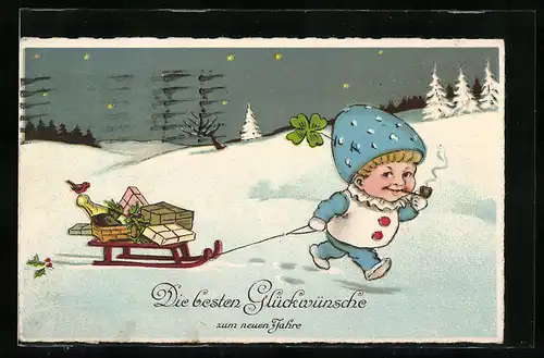 AK Junge mit Kleeblatt an der Mütze und Schlitten mit Sekt und Geschenken, Neujahrsgruss