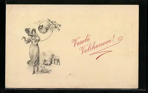 AK Frau mit Ballon aus einer Eierschale und Osterlämmchen, Ostergrüsse