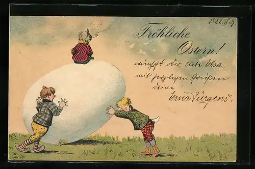 AK Fröhliche Ostern, Kinder versuchen ein riesiges Ei zu bewegen