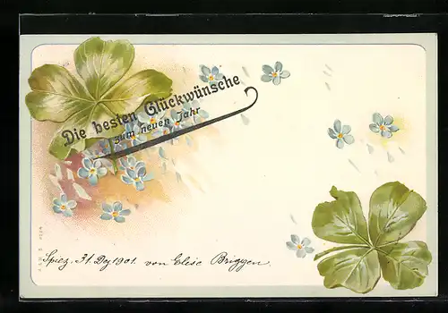 AK Grosse Glückskleeblätter mit blauen Blüten, Glückwunsch zum neuen Jahre