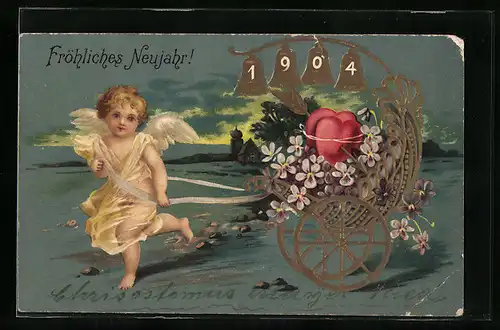 AK Neujahrsengel zieht eine Kutsche mit Herzen und Glocken, Jahreszahl 1904