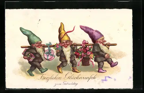 AK Zwerge mit Blumenkorb und Geschenken, Glückwunsch zum Geburtstag