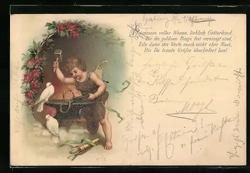 Lithographie Hämmere voller Wonne, lieblich Götterkind, bis die goldnen Ringe..., Amor als Schmied