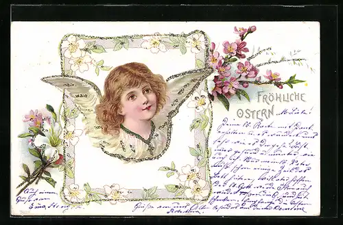 AK Osterengel mit Kreuzkette, Fröhliche Ostern