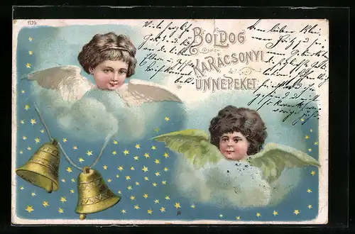 AK Neujahrsengel im Sternenhimmel und mit Glocken, Neujahrsgruss