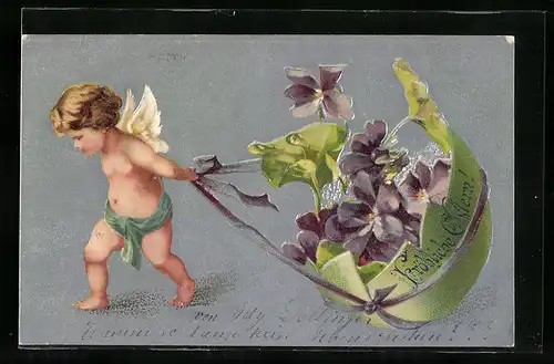 AK Osterengel zieht ein zerbrochenes Ei mit Veilchen hinter sich her