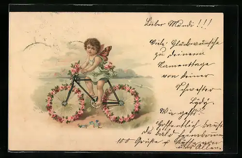 AK Engel fährt Fahrrad mit Blumenrädern