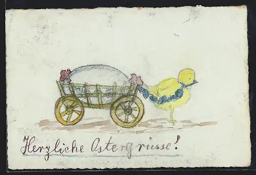 Künstler-AK Handgemalt: Osterküken zieht einen Wagen