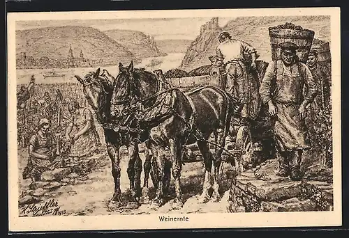 Künstler-AK sign. H. Strieffler: Weinernte