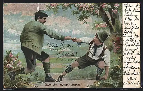 Künstler-AK Männer in Tracht beim Fingerhakeln