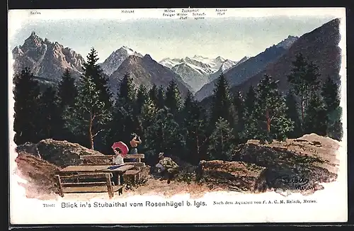 Künstler-AK F.A.C.M. Reisch: Blick in`s Stubaithal vom Rosenhügel b. Igls