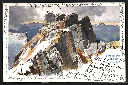 Künstler-AK Ernst Platz: Münchner Haus, Berghütte auf der Zugspitze