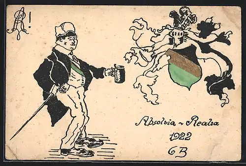 Künstler-AK Absolvia 1922, Wappen, Student mit Bier