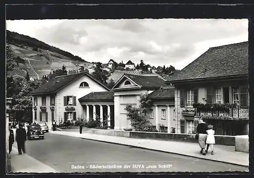 AK Baden, Strassenpartie an der Bäderheilstätte der SUVA zum Schiff