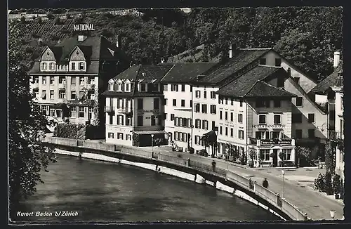 AK Baden b. Zürich, Hotel zum Hirschen und Thermalbäder am Wasser