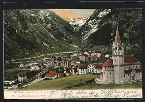 AK Goeschenen, Gotthardbahn und Blick auf den Ort