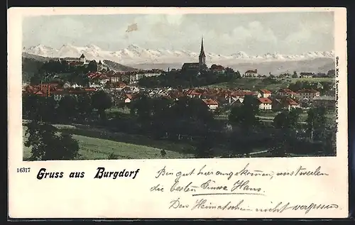 AK Burgdorf, Ortsansicht mit Bergpanorma