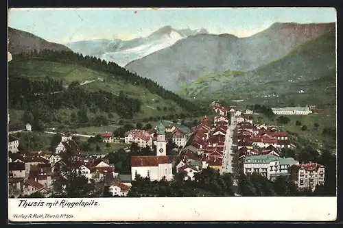 AK Thusis, Die Ortschaft mit dem Ringelspitz im Hintergrund