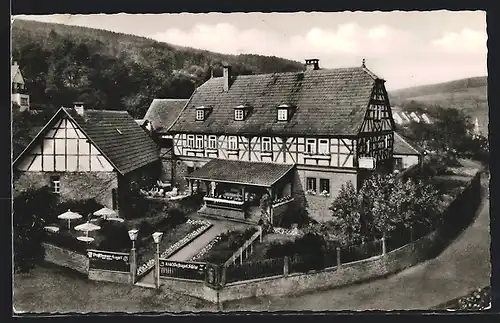 AK Hobbach /Spessart, Gasthof zum Engel O. Weibel mit Strasse aus der Vogelschau