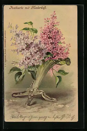 Lithographie mit Fliederduft, Vase mit Blüten