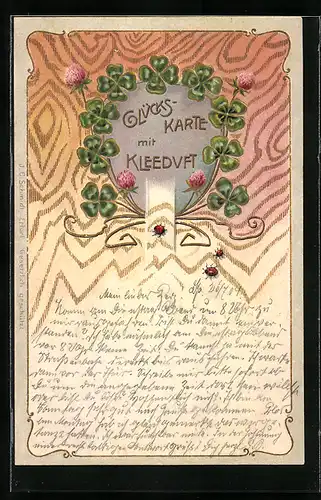 Künstler-AK Kleeblätter mit Blumen und Marienkäfern im Jugendstil, Duftkarte