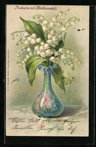 Duft-AK Vase mit Maiglöckchen, Postkarte mit Maiblumenduft