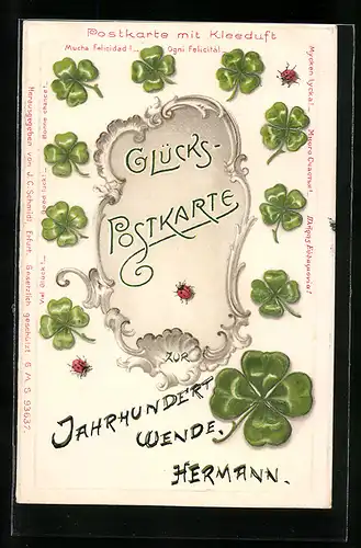 Duft-AK Glücks-Postkarte, Marienkäfer und Vierblättriger Klee