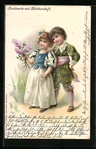 Duft-AK Kinderpaar in hübscher Kleidung mit Blumen